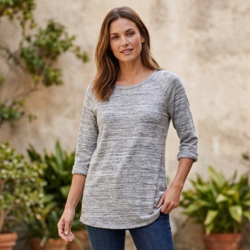 Cherish Gray Tunic Top Womens L Gray Space Dye 3/4 Sleeve Scoop French Terry